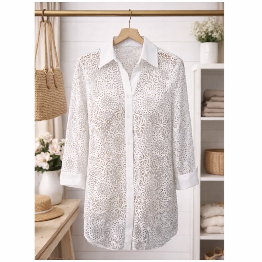 MISCHA SHEER FLORAL LACE BUTTON-DOWN BLOUSE ~ NWOT